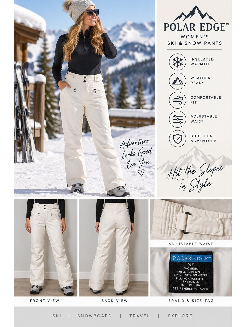 Polar Edge Women’s XS White Insulated Ski Snow Pants Adjustable Waist Winter